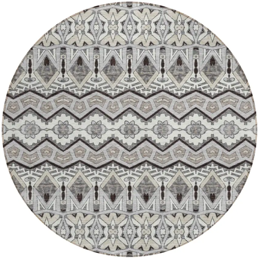 8' Gray Brown And Ivory Round Moroccan Washable Indoor Outdoor Area Rug Photo 2