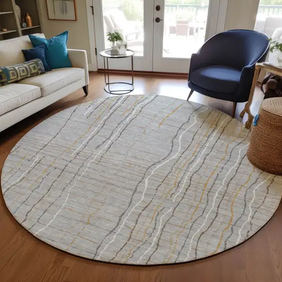 8' Gray Brown And Ivory Round Striped Washable Indoor Outdoor Area Rug Photo 8