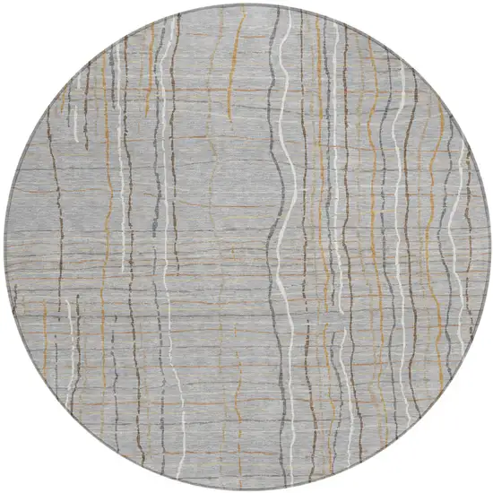 8' Gray Brown And Ivory Round Striped Washable Indoor Outdoor Area Rug Photo 2