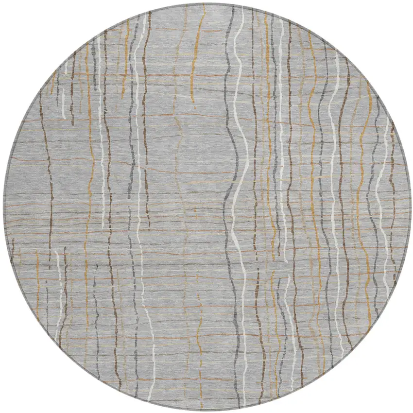 8' Gray Brown And Ivory Round Striped Washable Indoor Outdoor Area Rug Photo 2