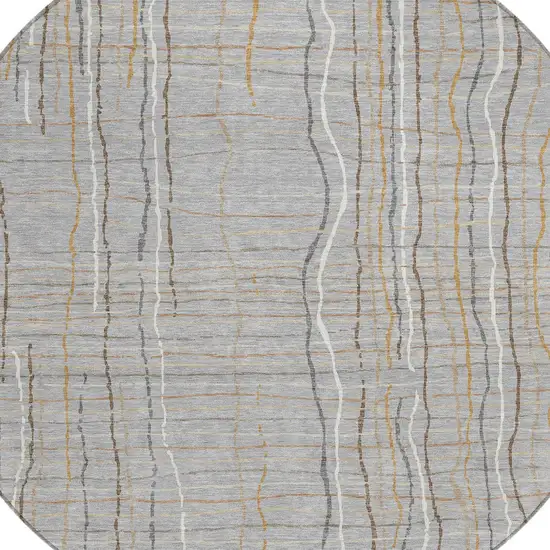 8' Gray Brown And Ivory Round Striped Washable Indoor Outdoor Area Rug Photo 5