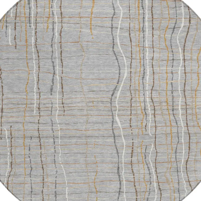8' Gray Brown And Ivory Round Striped Washable Indoor Outdoor Area Rug Photo 5