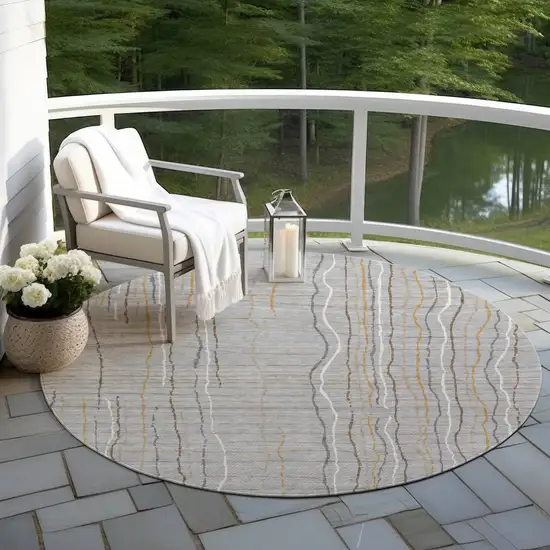 8' Gray Brown And Ivory Round Striped Washable Indoor Outdoor Area Rug Photo 7