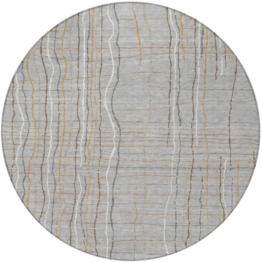 8' Gray Brown And Ivory Round Striped Washable Indoor Outdoor Area Rug Photo 6