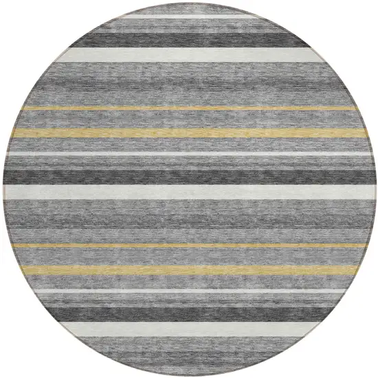 8' Gray Brown And Ivory Round Striped Washable Indoor Outdoor Area Rug Photo 2