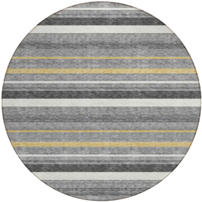 8' Gray Brown And Ivory Round Striped Washable Indoor Outdoor Area Rug Photo 2