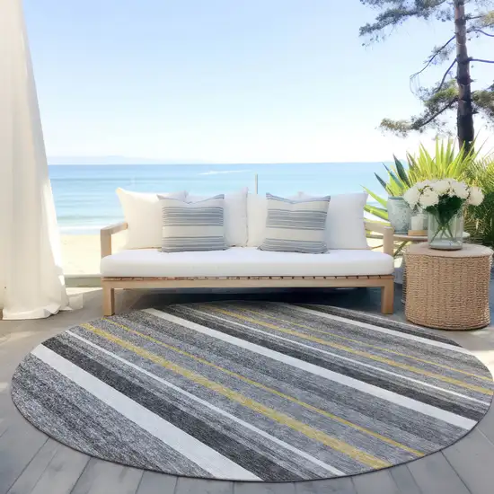 8' Gray Brown And Ivory Round Striped Washable Indoor Outdoor Area Rug Photo 5