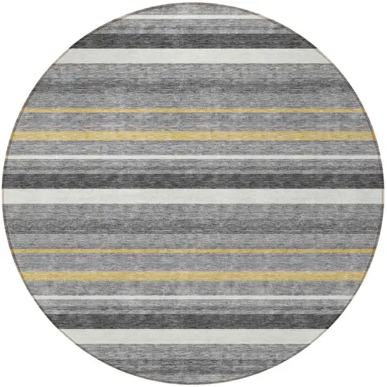 8' Gray Brown And Ivory Round Striped Washable Indoor Outdoor Area Rug Photo 4