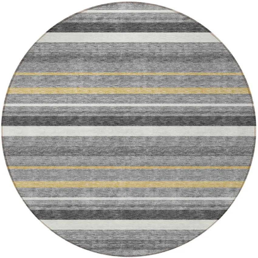 8' Gray Brown And Ivory Round Striped Washable Indoor Outdoor Area Rug Photo 4