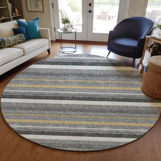 8' Gray Brown And Ivory Round Striped Washable Indoor Outdoor Area Rug Photo 6
