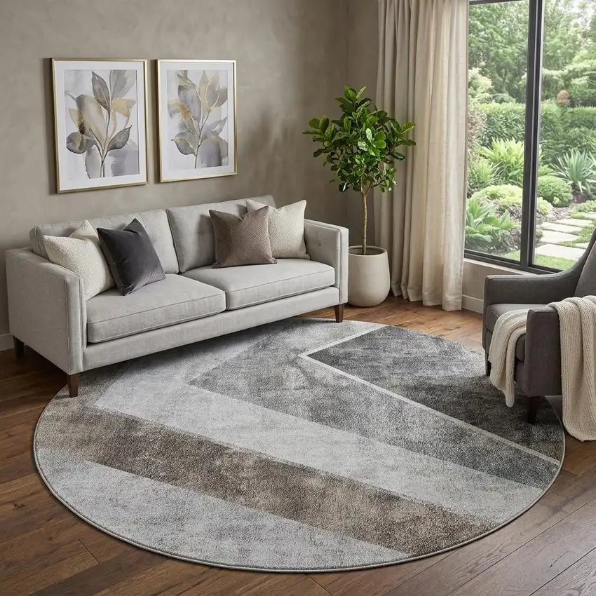 8' Gray Brown And Silver Geometric Washable Round Rug With UV Protection Photo 1