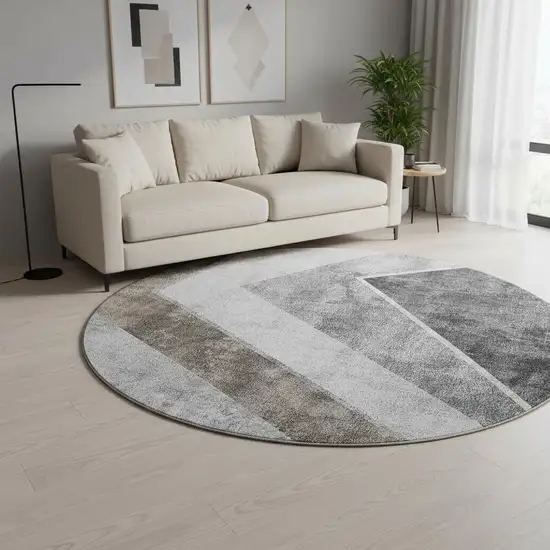 8' Gray Brown And Silver Geometric Washable Round Rug With UV Protection Photo 2