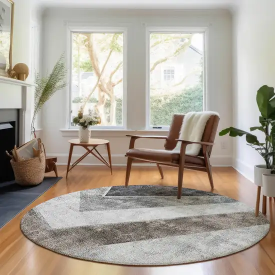 8' Gray Brown And Silver Geometric Washable Round Rug With UV Protection Photo 5