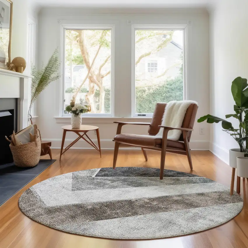 8' Gray Brown And Silver Geometric Washable Round Rug With UV Protection Photo 5