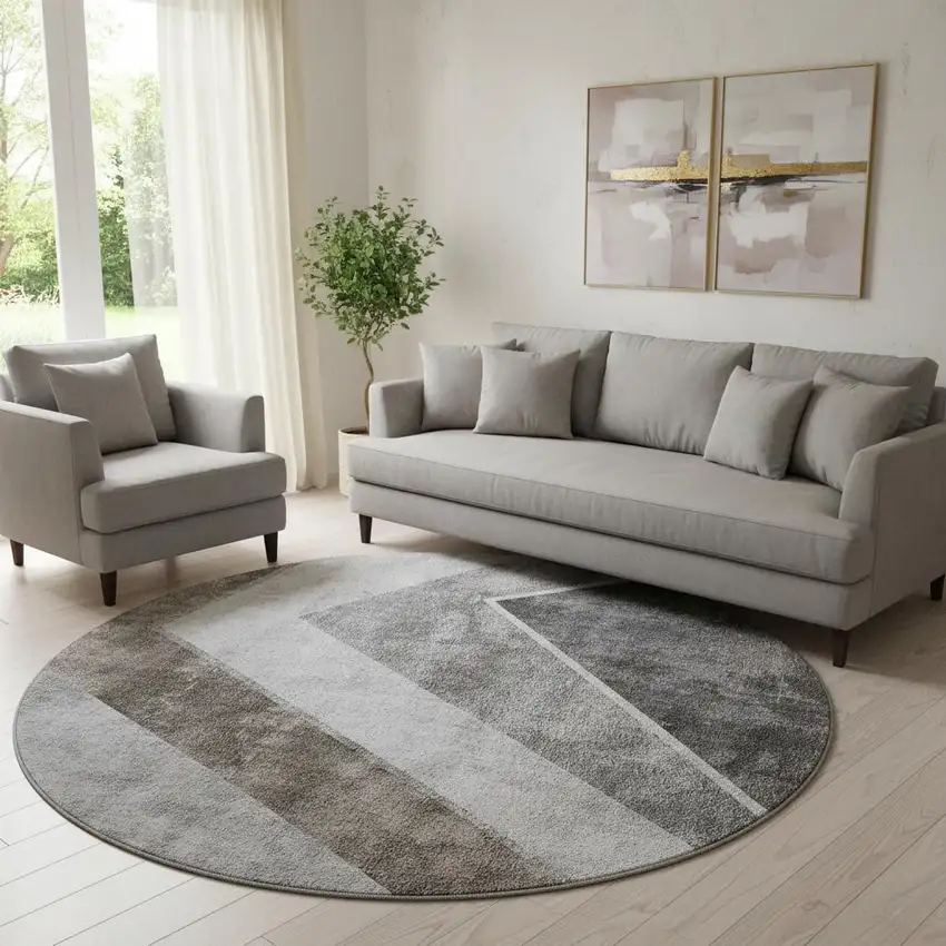 8' Gray Brown And Silver Geometric Washable Round Rug With UV Protection Photo 1