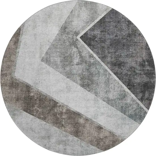 8' Gray Brown And Silver Geometric Washable Round Rug With UV Protection Photo 1