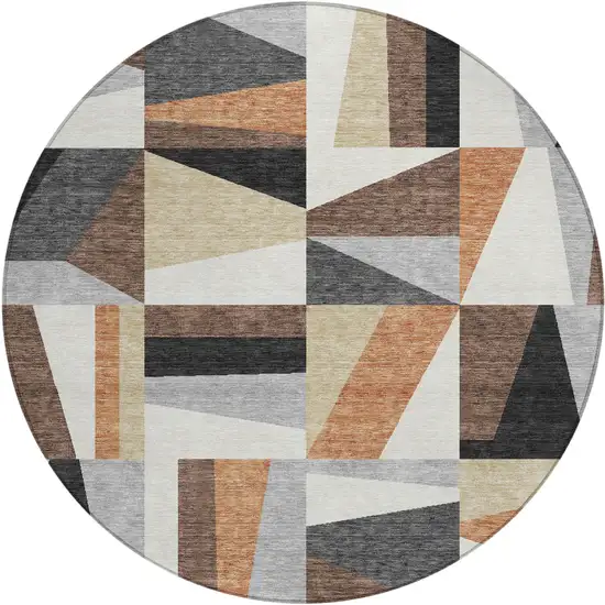 8' Gray Brown And White Round Geometric Washable Indoor Outdoor Area Rug Photo 2