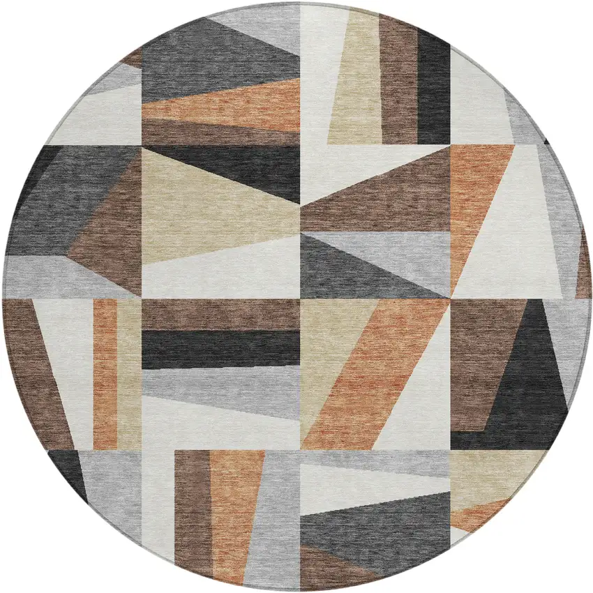 8' Gray Brown And White Round Geometric Washable Indoor Outdoor Area Rug Photo 2