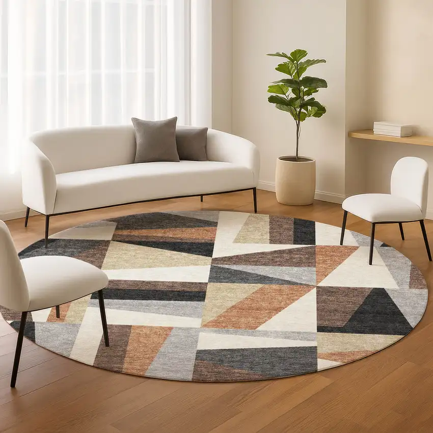 8' Gray Brown And White Round Geometric Washable Indoor Outdoor Area Rug Photo 8