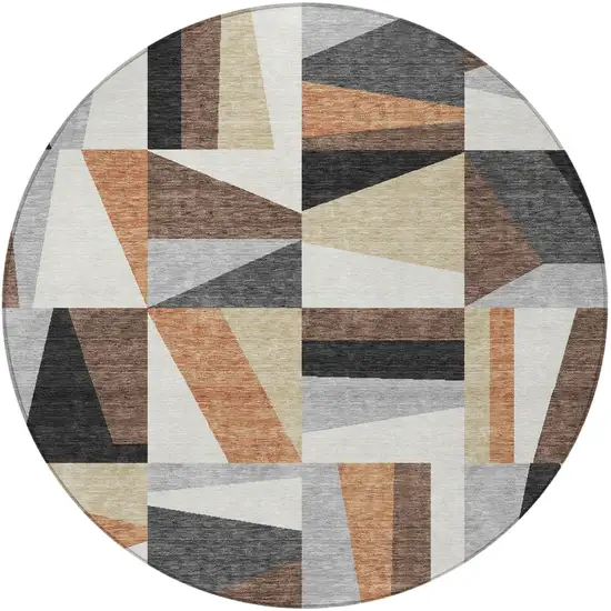 8' Gray Brown And White Round Geometric Washable Indoor Outdoor Area Rug Photo 4