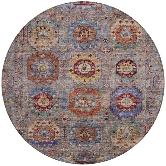 8' Gray Burgundy And Gold Round Medallion Washable Indoor Outdoor Area Rug Photo 4