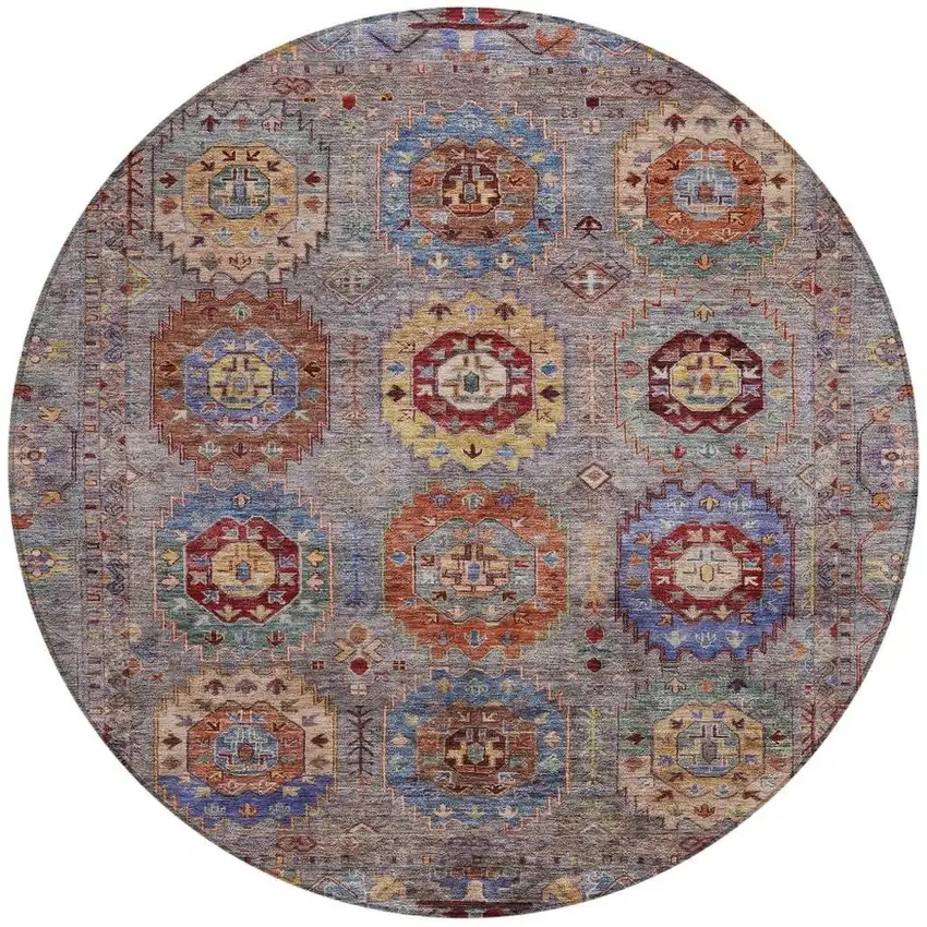 8' Gray Burgundy And Gold Round Medallion Washable Indoor Outdoor Area Rug Photo 4