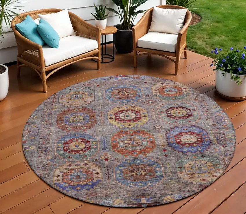 8' Gray Burgundy And Gold Round Medallion Washable Indoor Outdoor Area Rug Photo 1