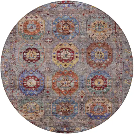 8' Gray Burgundy And Gold Round Medallion Washable Indoor Outdoor Area Rug Photo 5