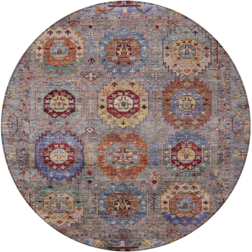 8' Gray Burgundy And Gold Round Medallion Washable Indoor Outdoor Area Rug Photo 5