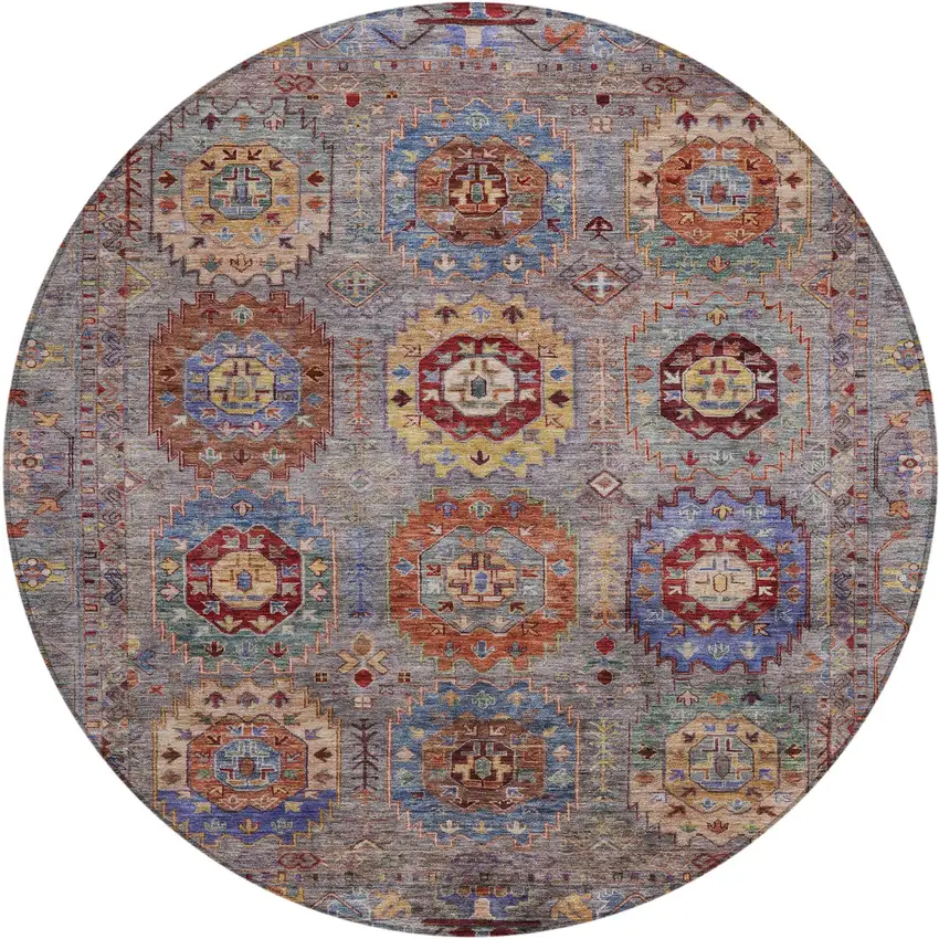 8' Gray Burgundy And Gold Round Medallion Washable Indoor Outdoor Area Rug Photo 2