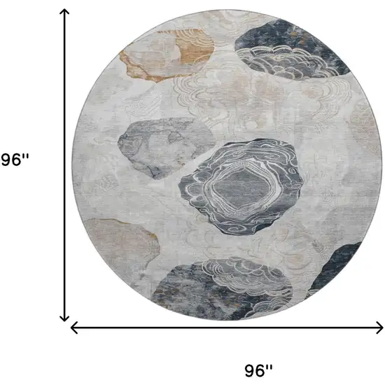 8' Gray Charcoal And Beige Geometric Washable Round Rug With UV Protection Photo 9