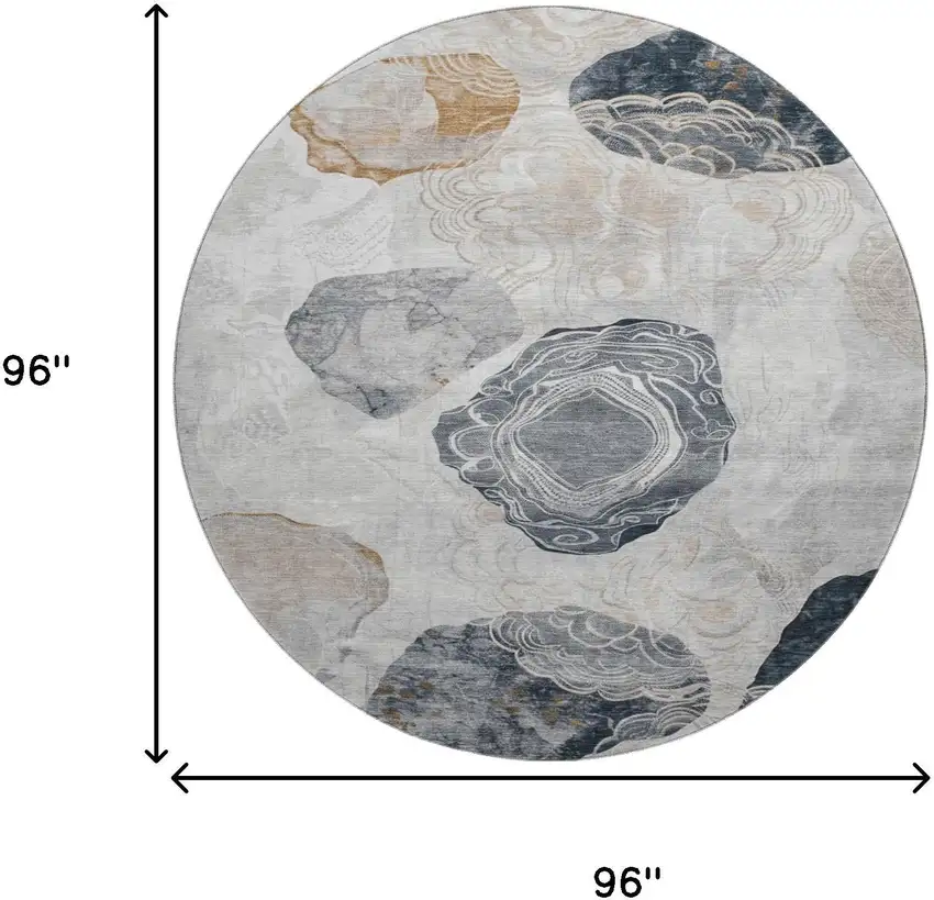 8' Gray Charcoal And Beige Geometric Washable Round Rug With UV Protection Photo 9