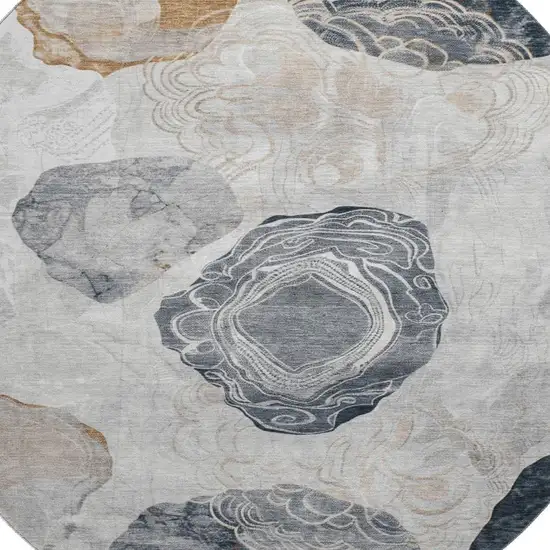 8' Gray Charcoal And Beige Geometric Washable Round Rug With UV Protection Photo 2