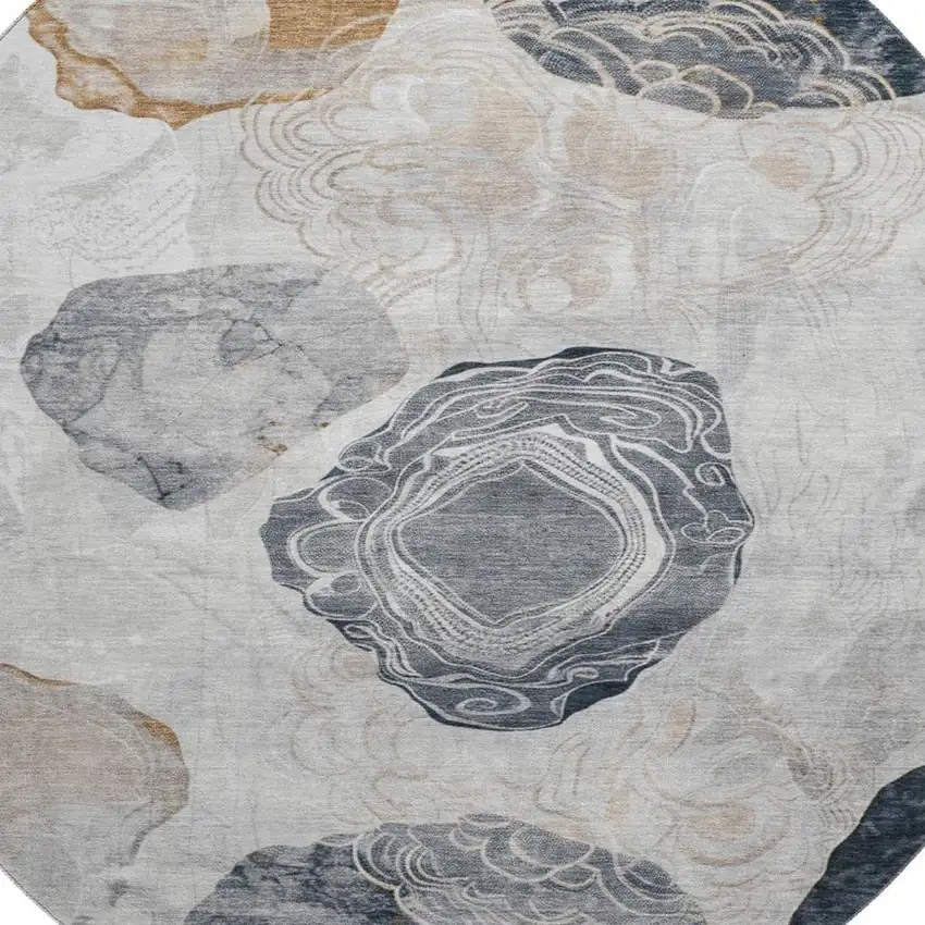 8' Gray Charcoal And Beige Geometric Washable Round Rug With UV Protection Photo 2