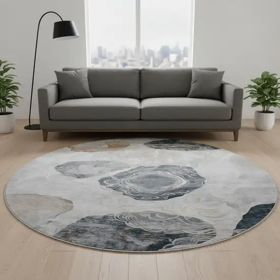 8' Gray Charcoal And Beige Geometric Washable Round Rug With UV Protection Photo 2