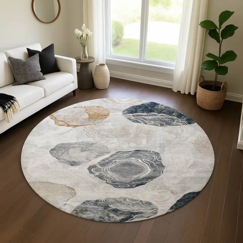 8' Gray Charcoal And Beige Geometric Washable Round Rug With UV Protection Photo 4