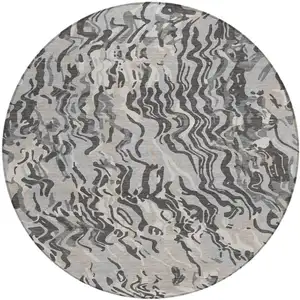 Photo of 8' Gray Charcoal And Beige Round Abstract Washable Indoor Outdoor Area Rug