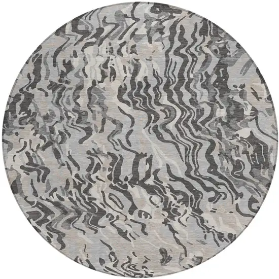 8' Gray Charcoal And Beige Round Abstract Washable Indoor Outdoor Area Rug Photo 2