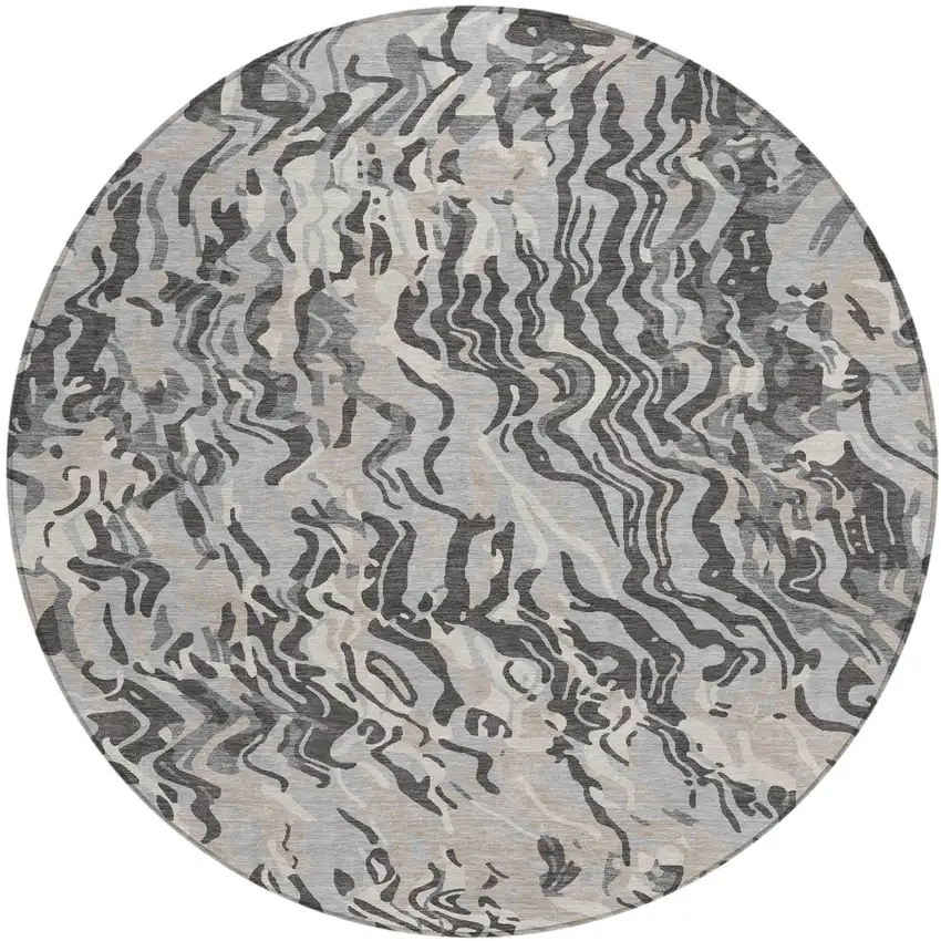 8' Gray Charcoal And Beige Round Abstract Washable Indoor Outdoor Area Rug Photo 2