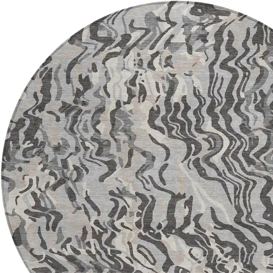 8' Gray Charcoal And Beige Round Abstract Washable Indoor Outdoor Area Rug Photo 5