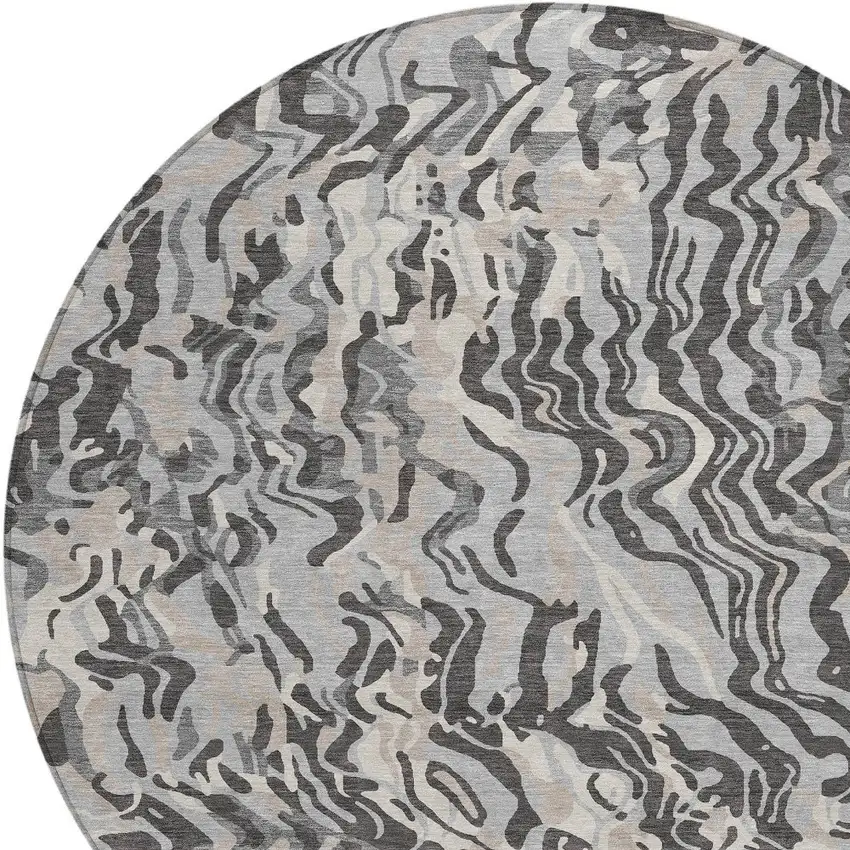 8' Gray Charcoal And Beige Round Abstract Washable Indoor Outdoor Area Rug Photo 5