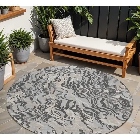 8' Gray Charcoal And Beige Round Abstract Washable Indoor Outdoor Area Rug Photo 1
