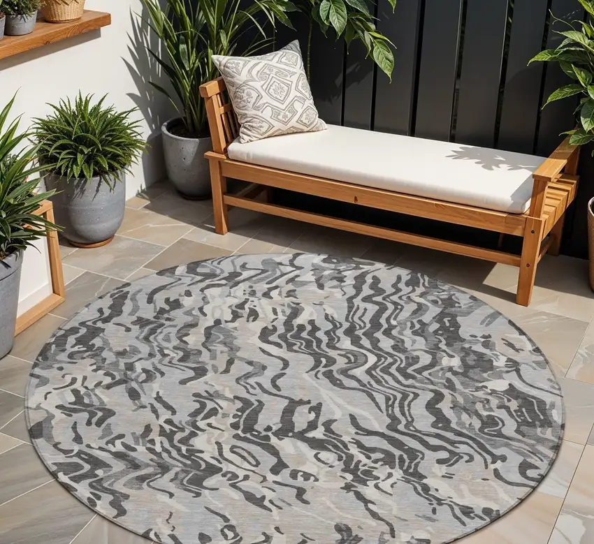 8' Gray Charcoal And Beige Round Abstract Washable Indoor Outdoor Area Rug Photo 1