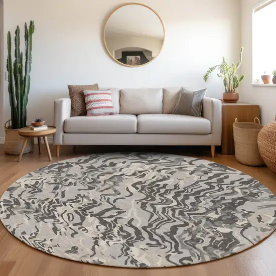 8' Gray Charcoal And Beige Round Abstract Washable Indoor Outdoor Area Rug Photo 8