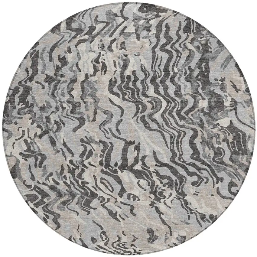 8' Gray Charcoal And Beige Round Abstract Washable Indoor Outdoor Area Rug Photo 6