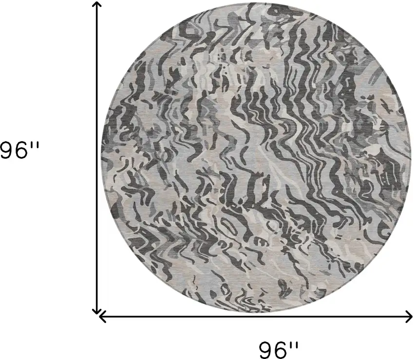 8' Gray Charcoal And Beige Round Abstract Washable Indoor Outdoor Area Rug Photo 3