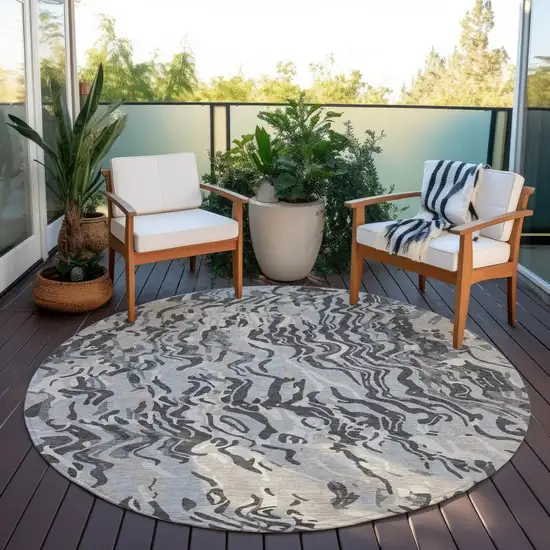 8' Gray Charcoal And Beige Round Abstract Washable Indoor Outdoor Area Rug Photo 7