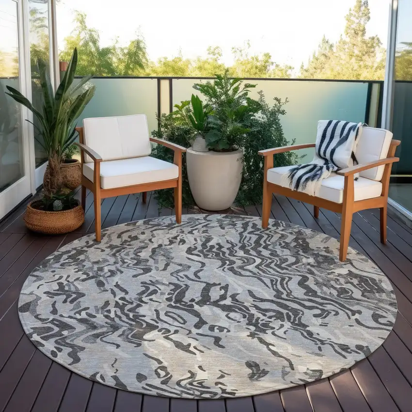 8' Gray Charcoal And Beige Round Abstract Washable Indoor Outdoor Area Rug Photo 7