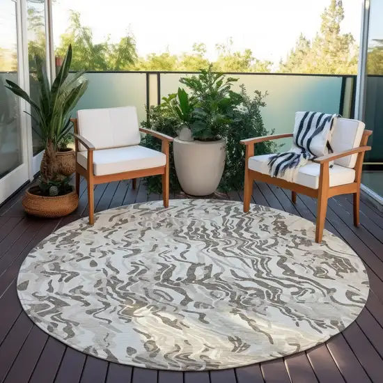 8' Gray Charcoal And Beige Round Abstract Washable Indoor Outdoor Area Rug Photo 6