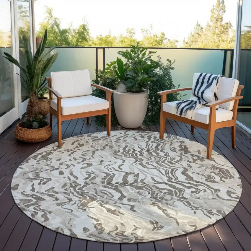8' Gray Charcoal And Beige Round Abstract Washable Indoor Outdoor Area Rug Photo 6